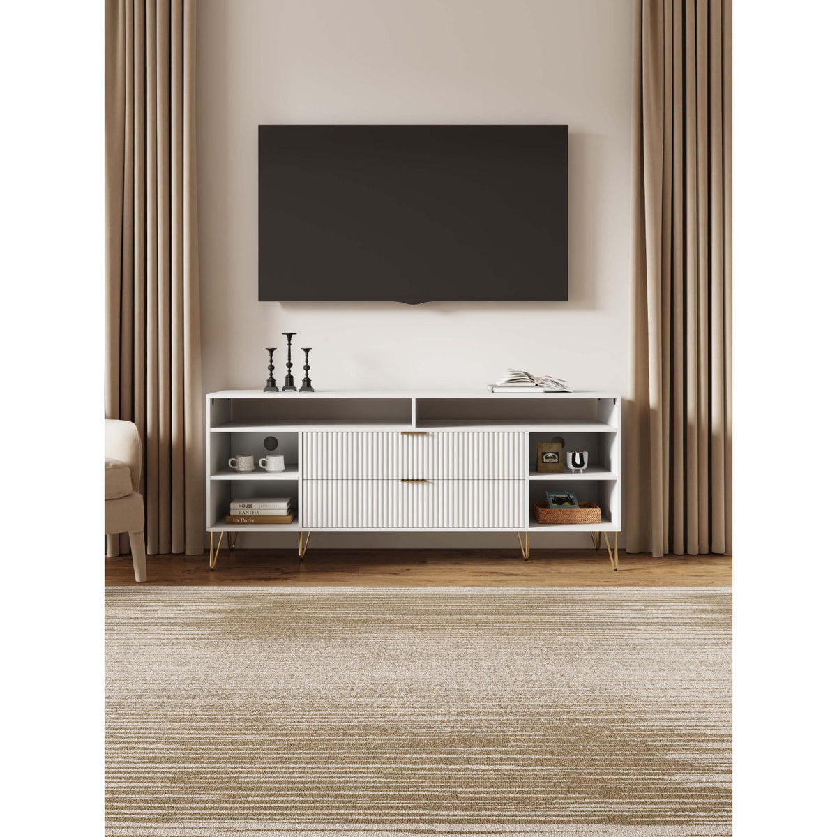 Fluted TV Stand with Storage and Metal Legs in white, ribbed center drawers, open shelves on Tampa Home & Garden Store