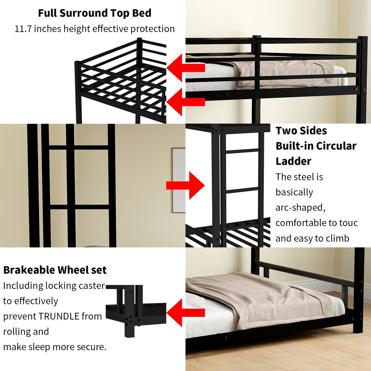 Bunk bed by HouseOfZazla with noise reduction and safety guardrails, black metal frame on Tampa Home & Garden Store