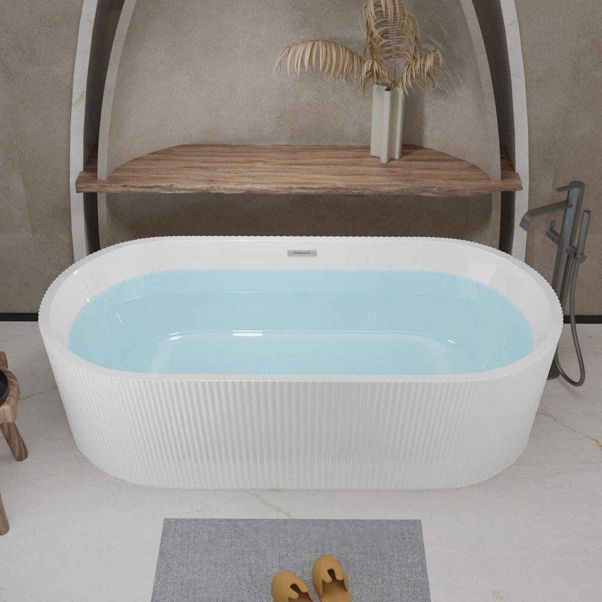 Modern Double Wall Freestanding Soaker Tub HouseOfZazla, ribbed exterior with blue water on Tampa Home & Garden Store