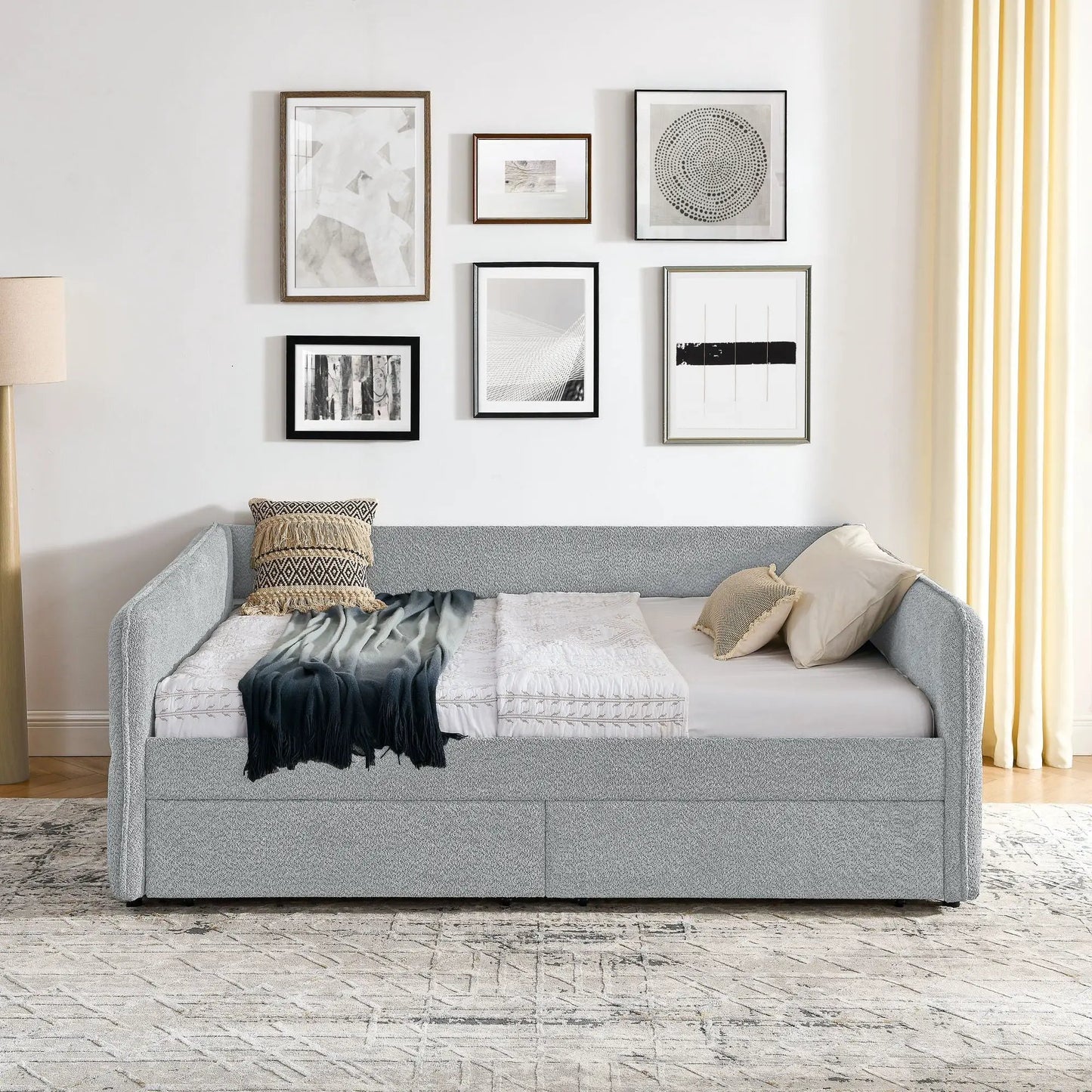 Upholstered gray daybed with two storage drawers in a modern living room on Tampa Home & Garden Store