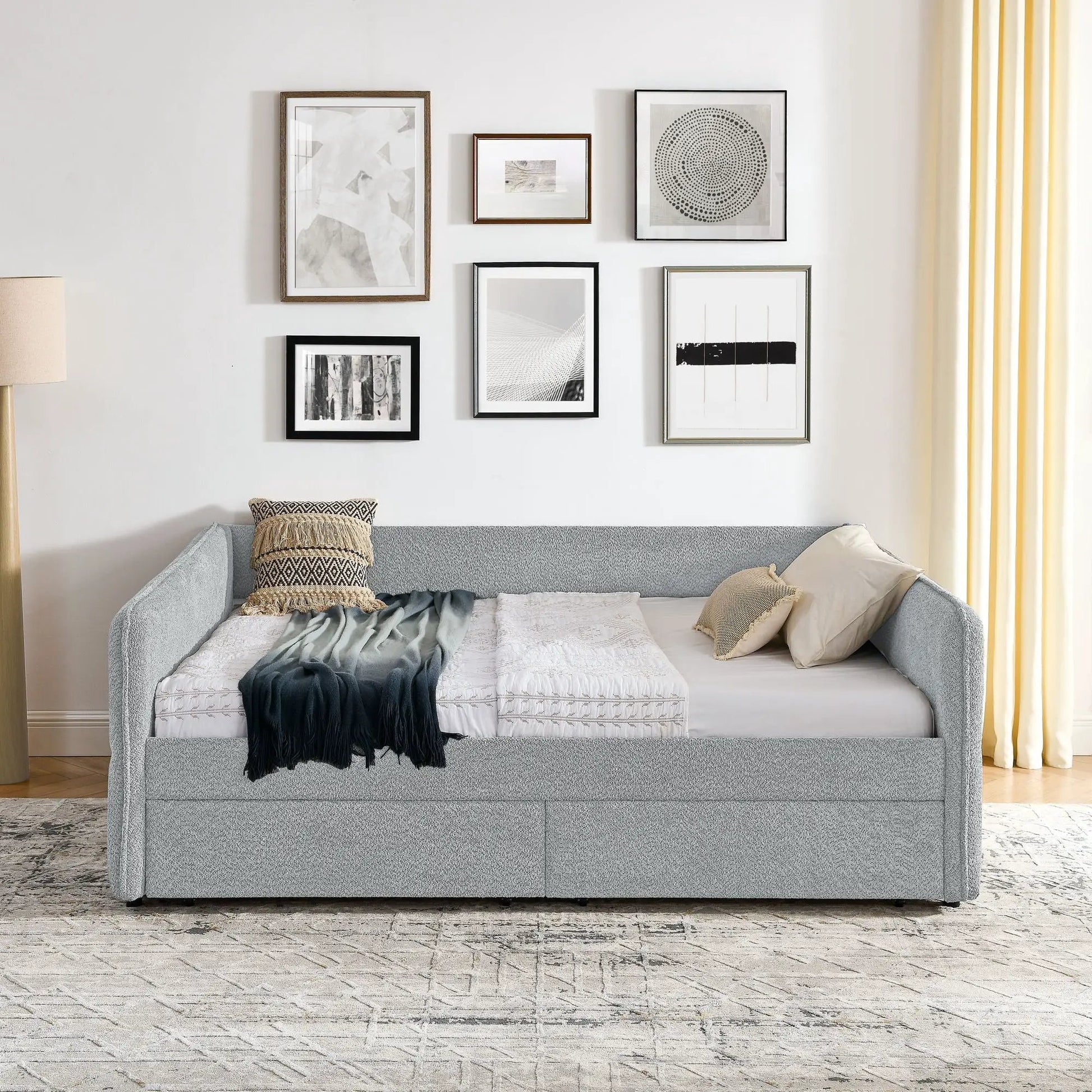 Upholstered gray daybed with two storage drawers in a modern living room on Tampa Home & Garden Store