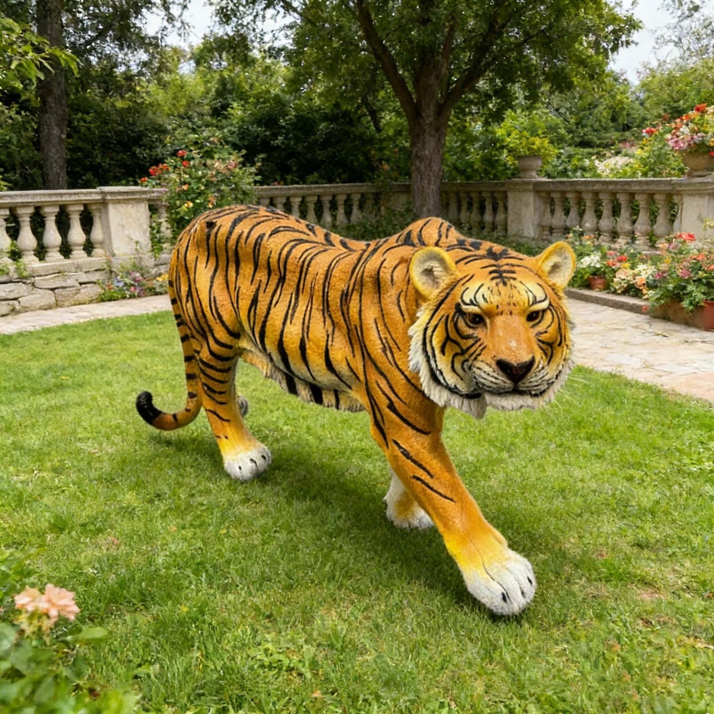 Simulated tiger resin garden statue pair in orange with black stripes by HouseOfZazla on Tampa Home & Garden Store