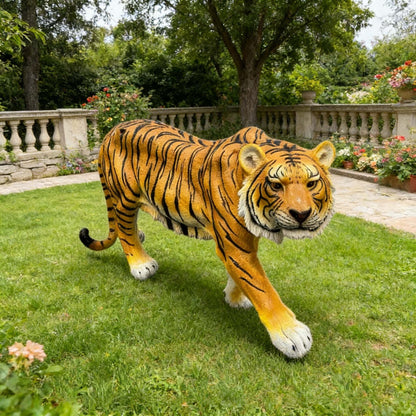 Simulated tiger resin garden statue pair in orange with black stripes by HouseOfZazla on Tampa Home & Garden Store