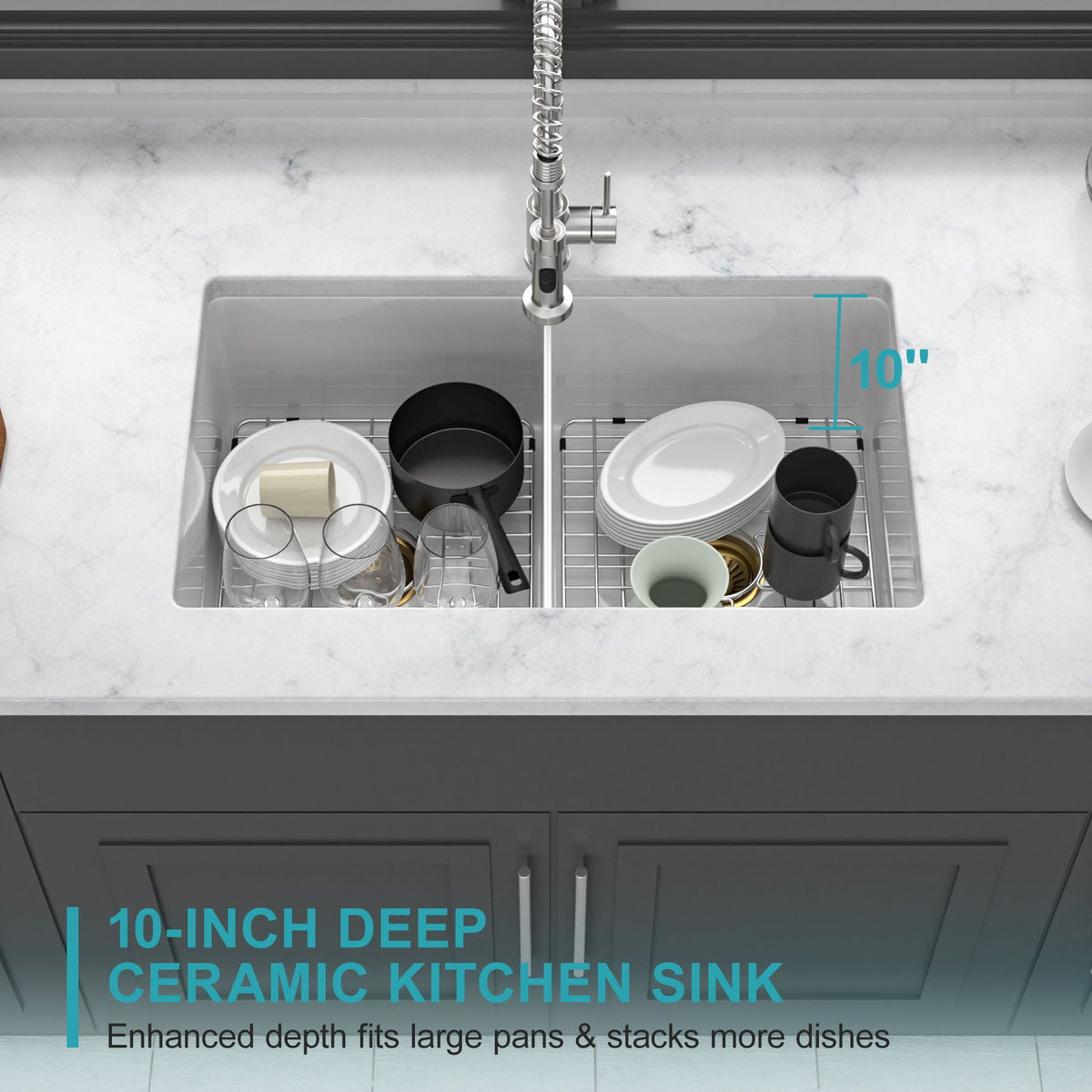 32-inch undermount double-bowl white kitchen sink with grids and spring pull-down faucet on Tampa Home & Garden Store