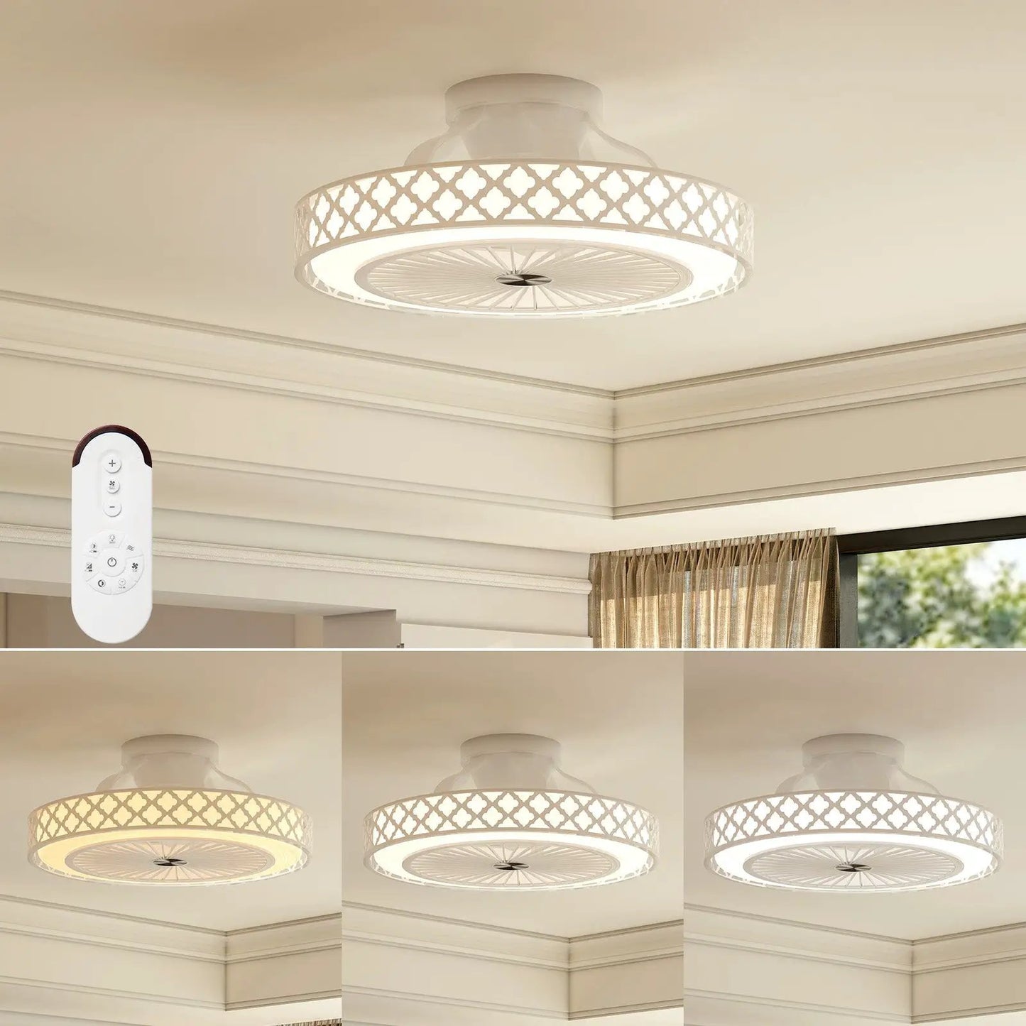 DirectDeals 19 Inch white ceiling fan with light, flush mount, remote included collage on Tampa Home & Garden Store