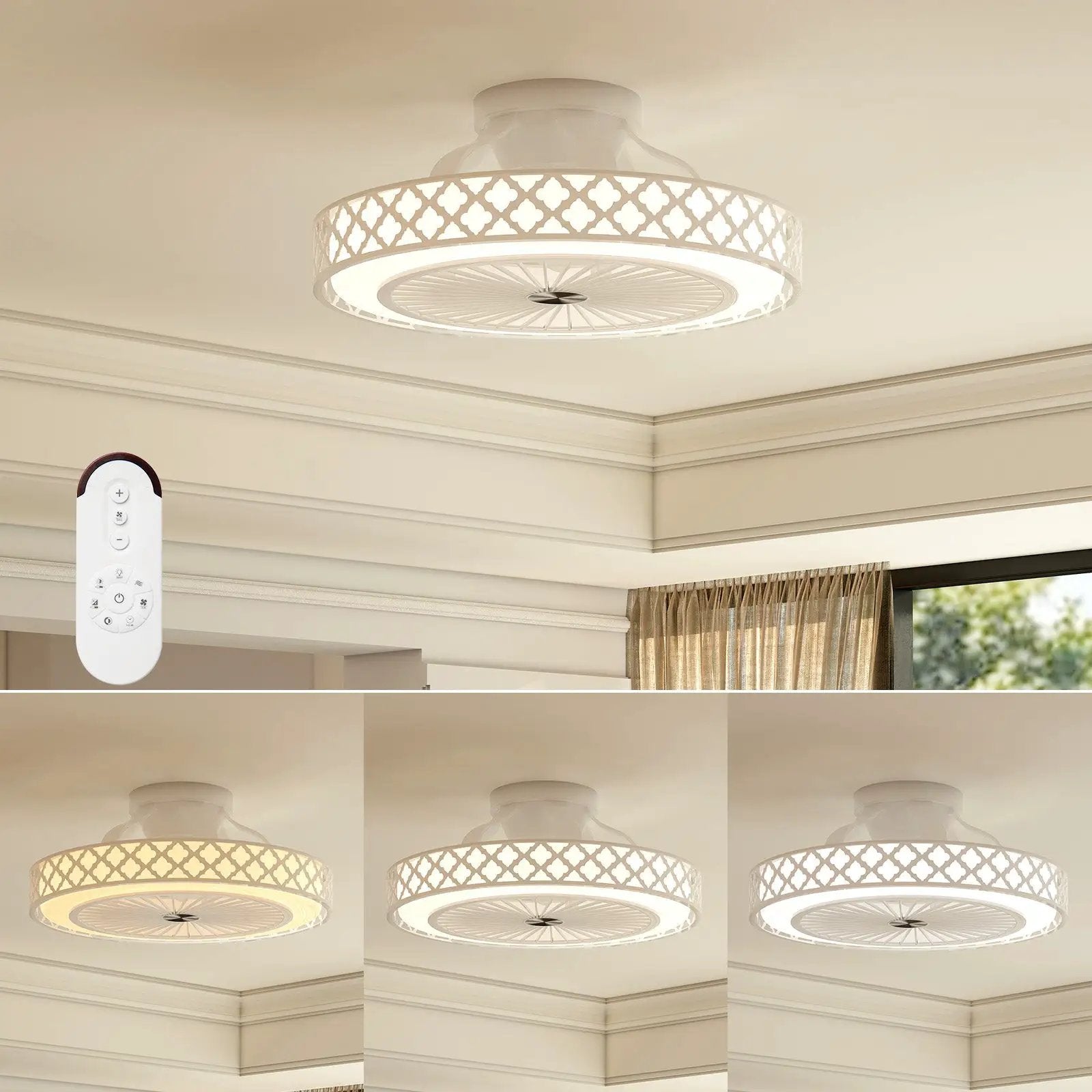DirectDeals 19 Inch white ceiling fan with light, flush mount, remote included collage on Tampa Home & Garden Store