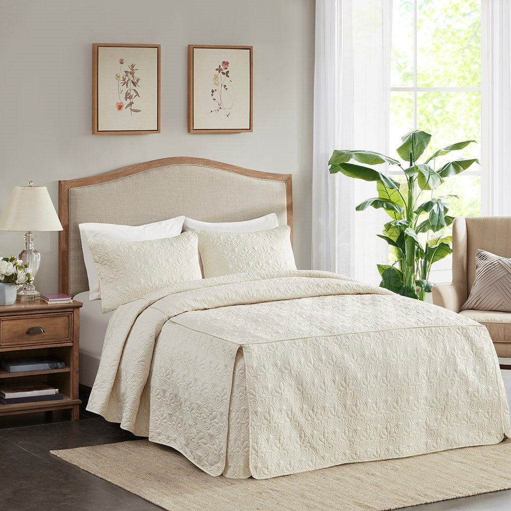 3 Piece Split Corner Pleated Quilted Bedspread set in ivory with cream shams on Tampa Home & Garden Store
