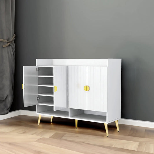 U-Can Shoe Cabinet with Doors, white 11-tier storage, yellow knobs, gold legs on Tampa Home & Garden Store