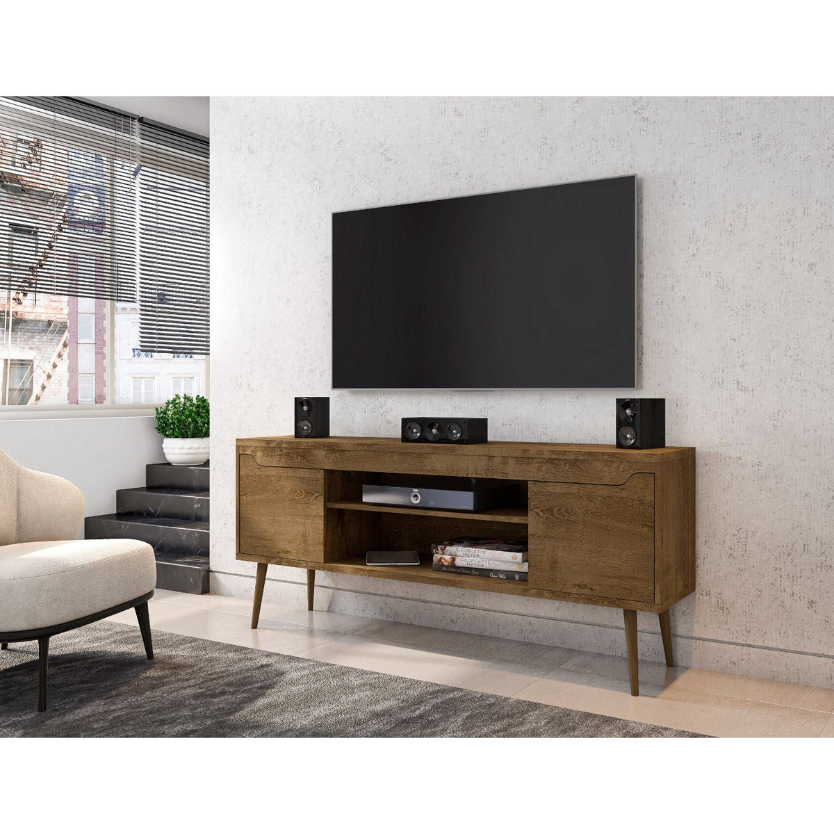 Bradley Modern TV Stand in dark brown wood with concealed storage and wire management on Tampa Home & Garden Store