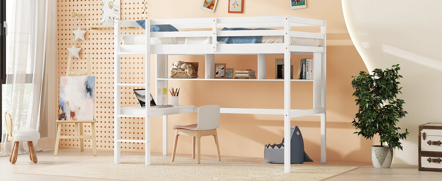 Twin Loft Bed with built-in desk and bookcase of three compartments, Guardrails and Ladder,White - Tampa Home & Garden Store