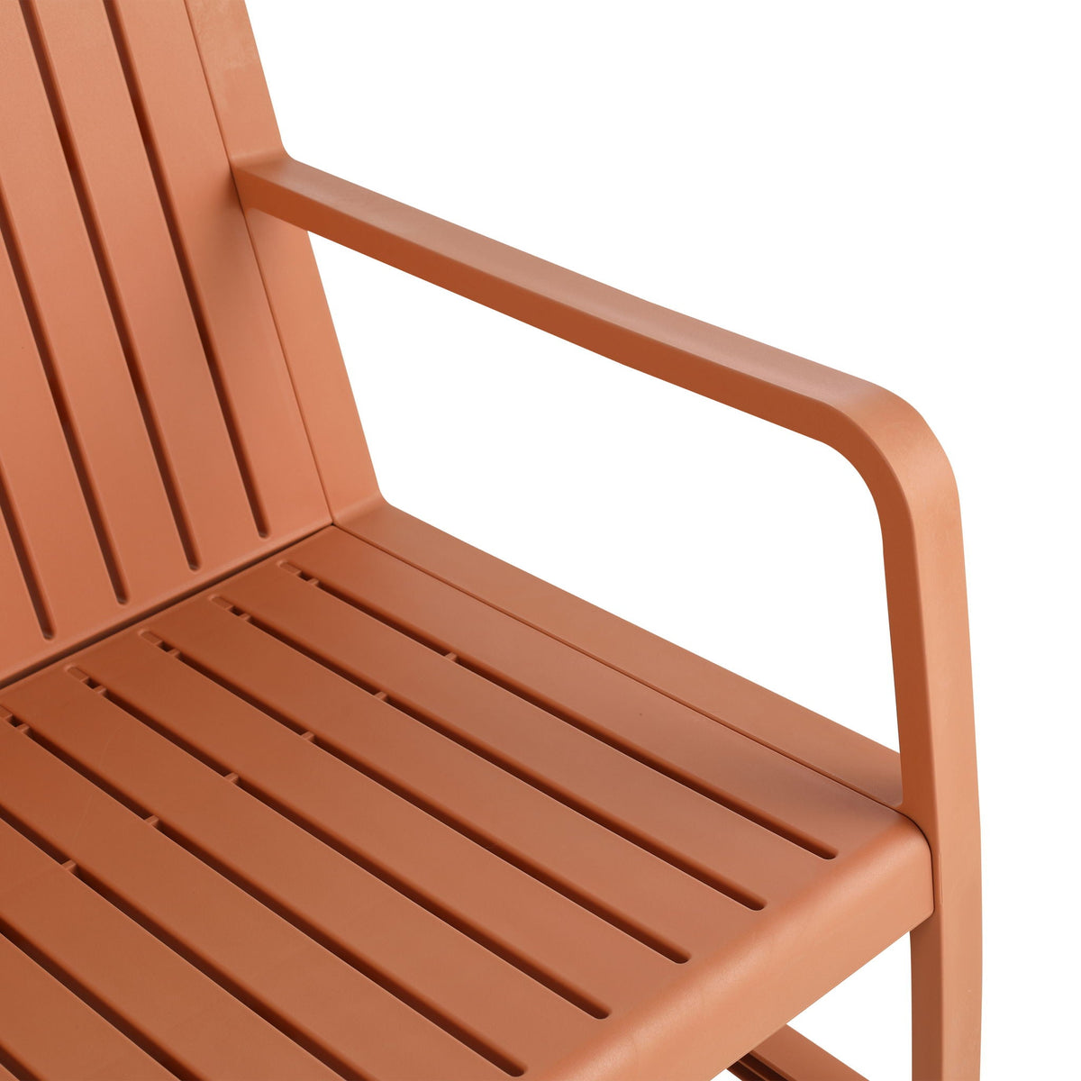 Orange waterproof two-piece outdoor chair by HouseOfZazla; slatted seat and curved arm on Tampa Home & Garden Store