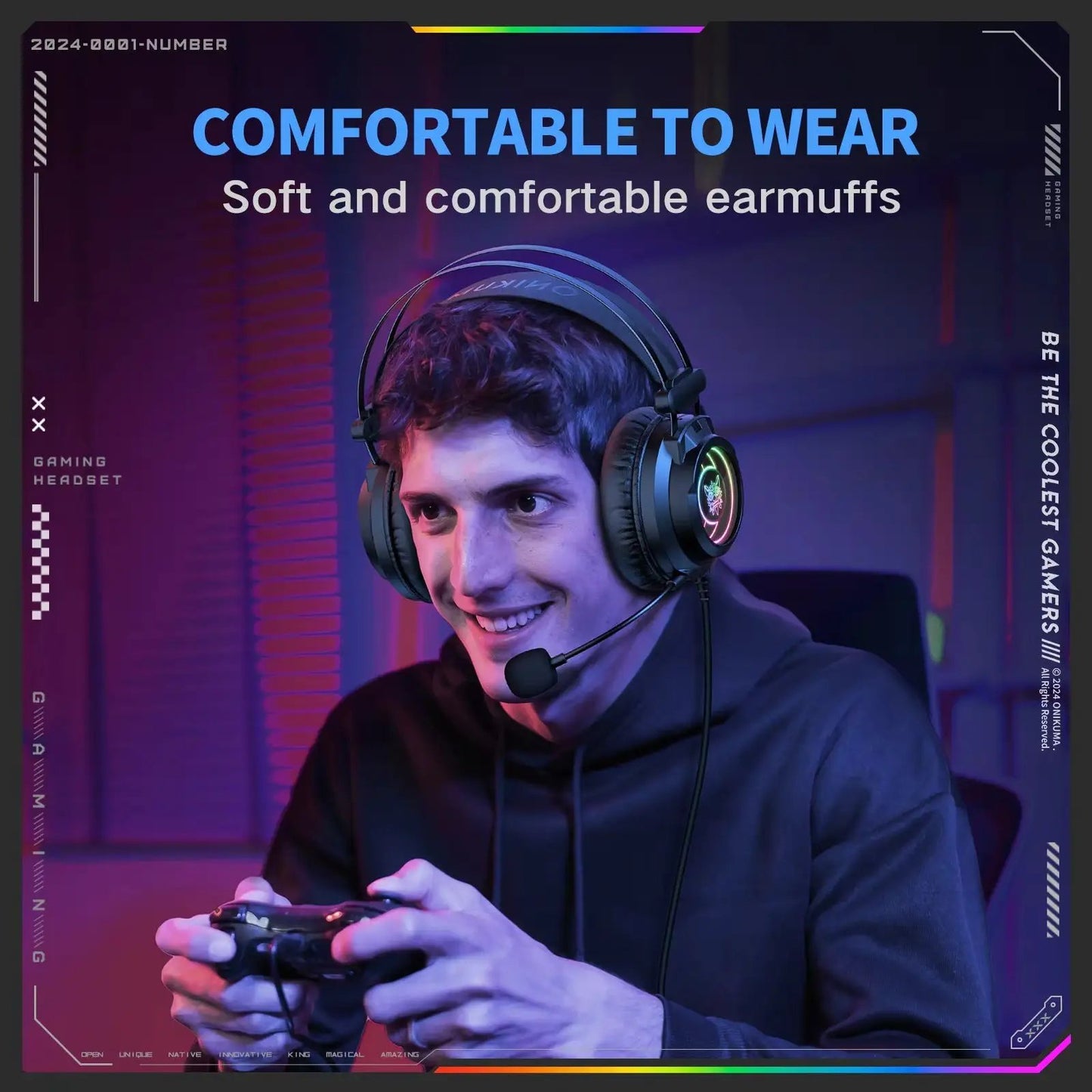 FLIPSTYLEZLLC gaming headset with RGB-lit ear cups and boom mic worn by a smiling gamer on Tampa Home & Garden Store