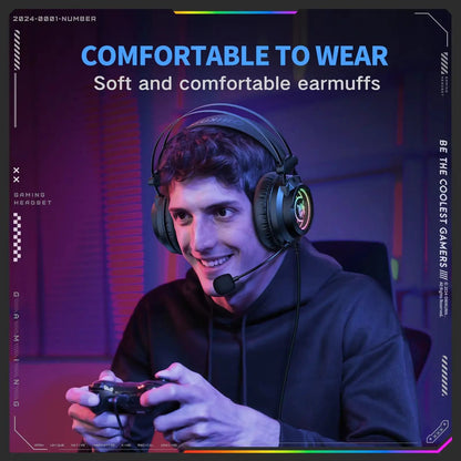 FLIPSTYLEZLLC gaming headset with RGB-lit ear cups and boom mic worn by a smiling gamer on Tampa Home & Garden Store