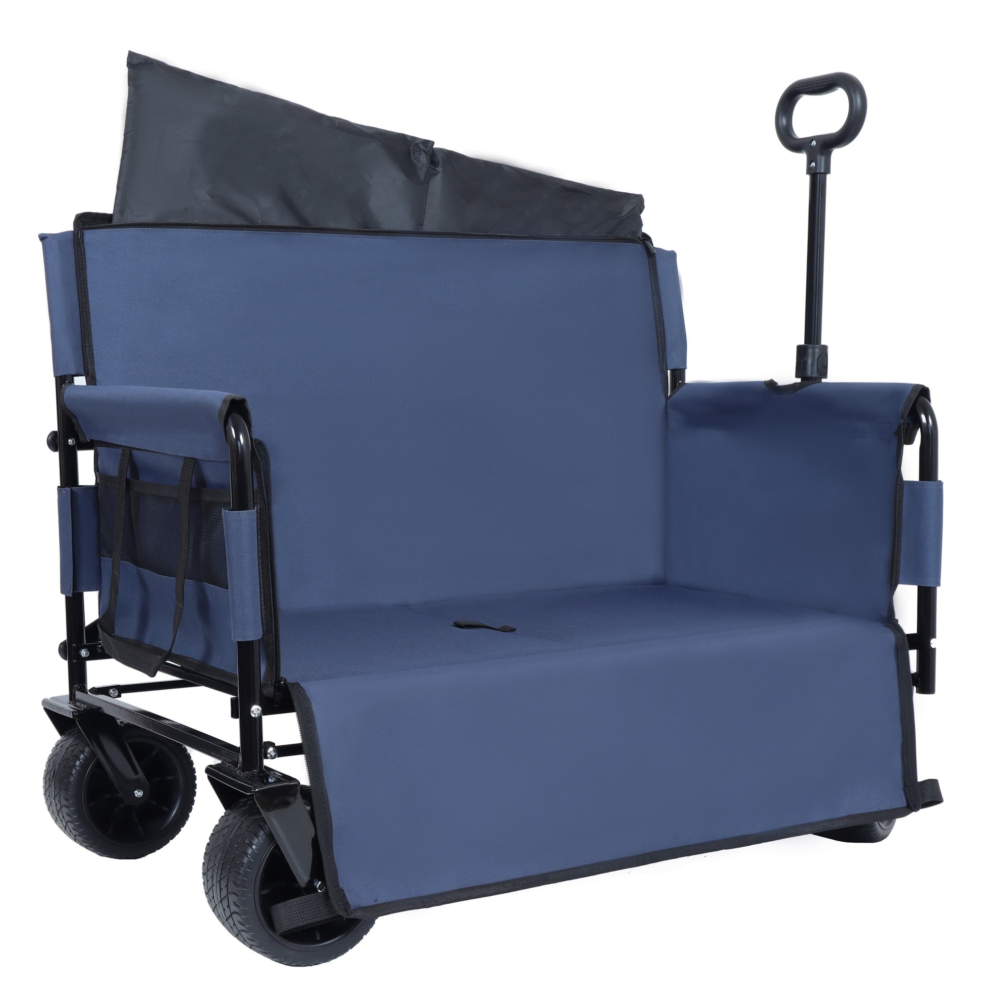 3-in-1 Folding Wagon with Bench Seat & Storage, blue fabric, black frame, wheels and pockets on Tampa Home & Garden Store