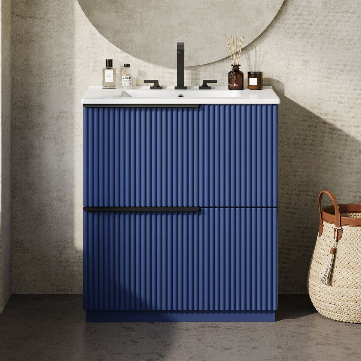Fluted blue vanity with sink and black matte faucet; Dior diffuser on top HouseOfZazla on Tampa Home & Garden Store