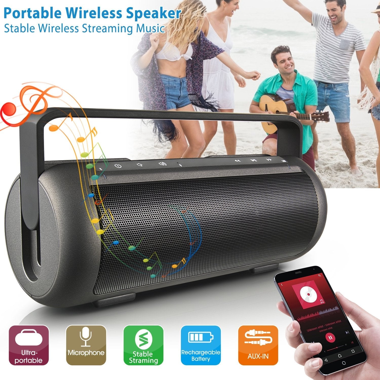 iRola wireless speaker with dual subwoofers portable black GemGear stereo with mic and AUX-IN on Tampa Home & Garden Store