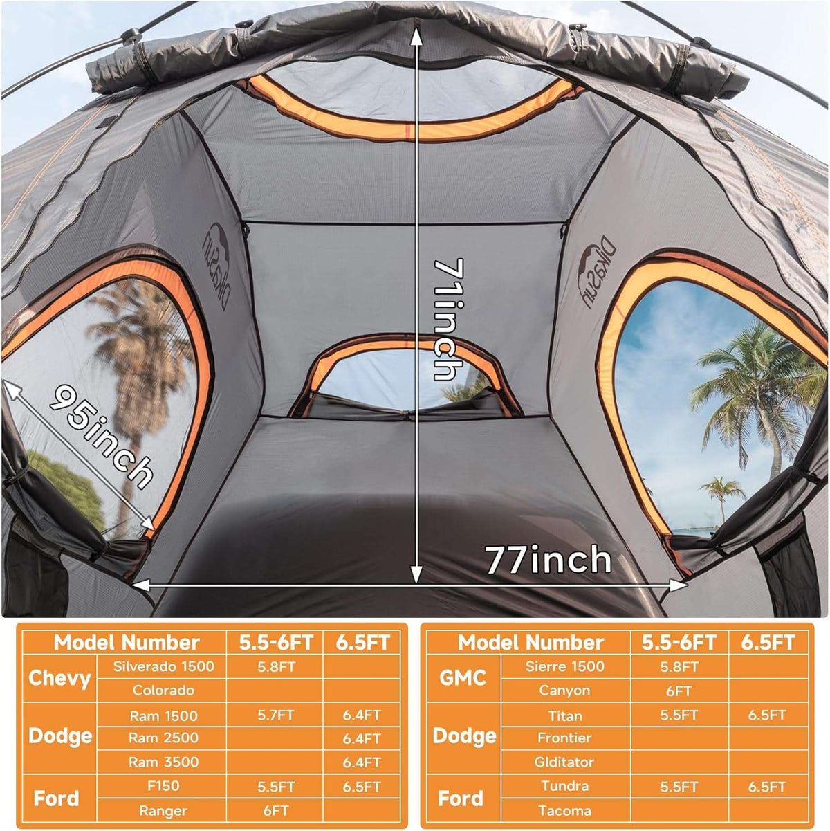 Umbrauto truck bed tent for 2, grey with orange zippers, 7 ft tall, fits 6.4–6.7 ft trucks on Tampa Home & Garden Store
