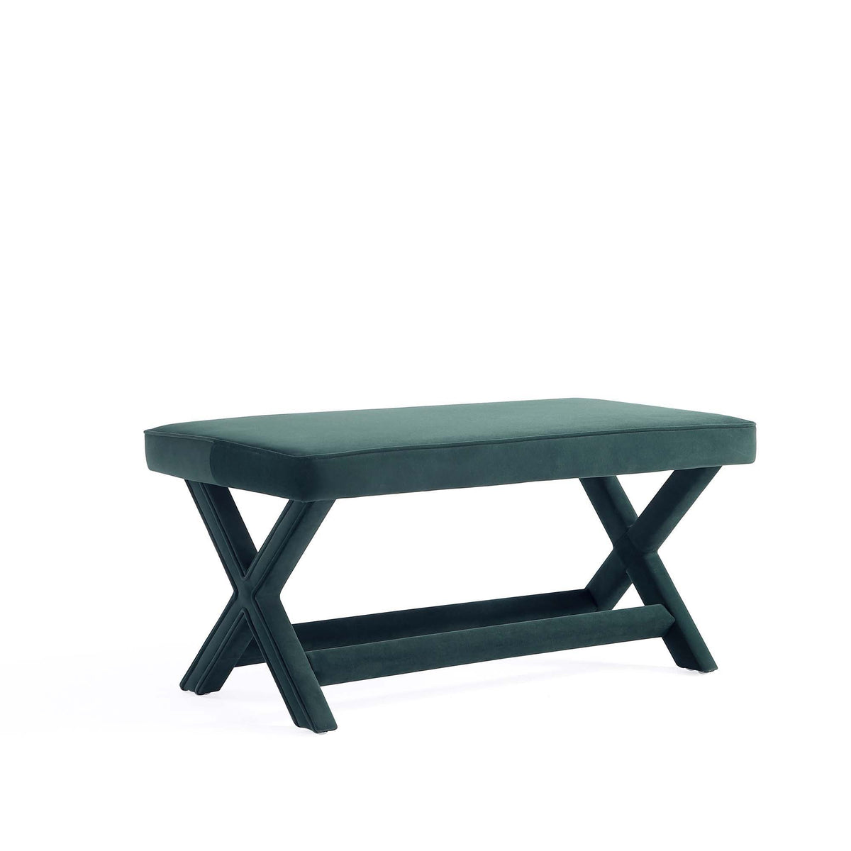 HouseOfZazla accent bench with piped cushion in teal; solid wood X-frame legs on Tampa Home & Garden Store