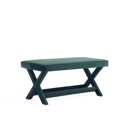 HouseOfZazla accent bench with piped cushion in teal; solid wood X-frame legs on Tampa Home & Garden Store