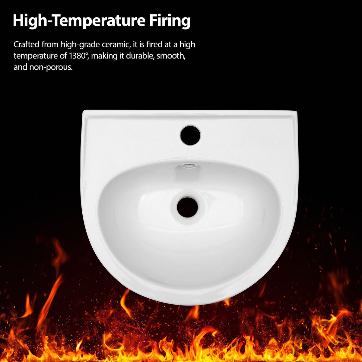 Wall-mounted white ceramic bathroom sink top view with faucet and drain holes on Tampa Home & Garden Store