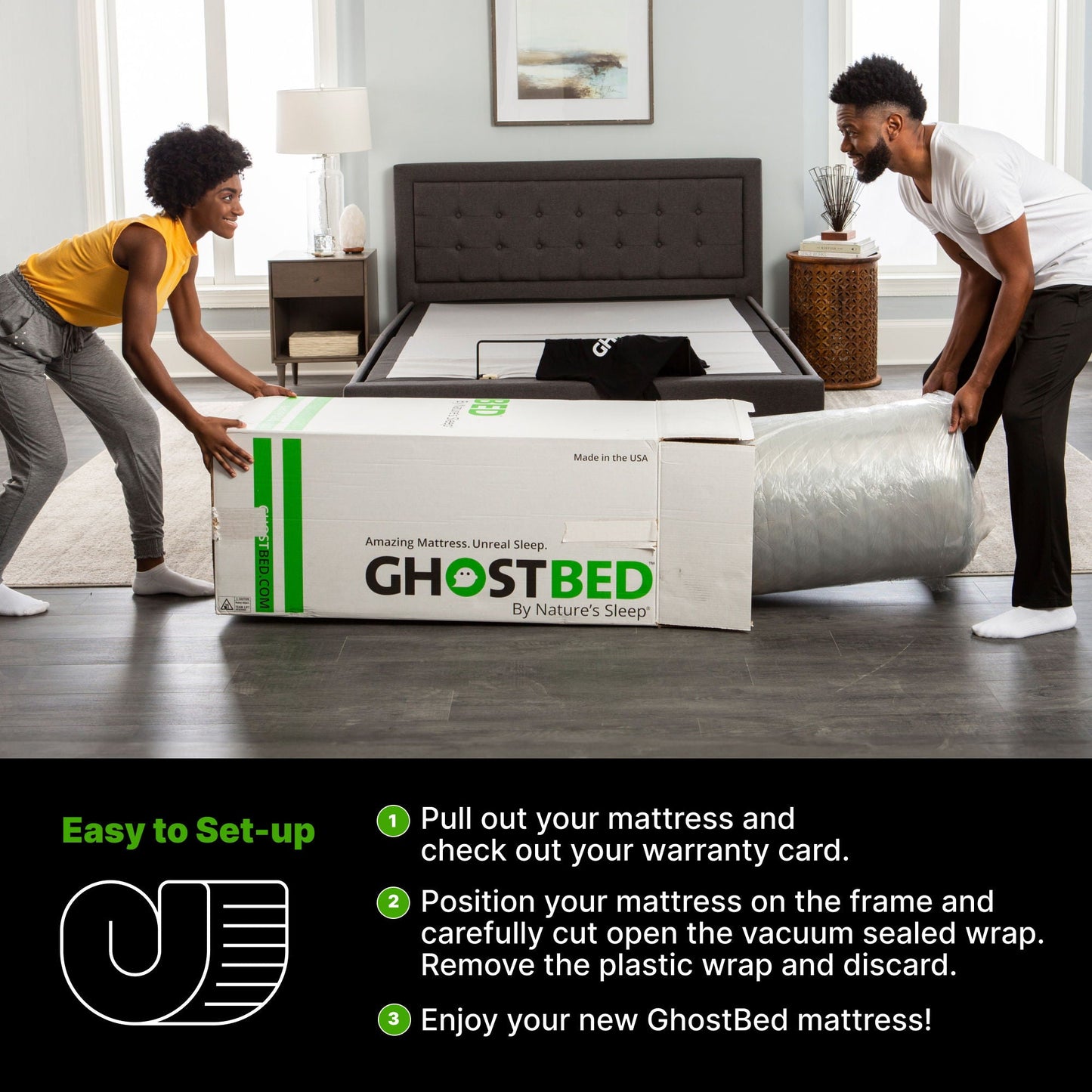 Premium 14in hybrid mattress with cooling foam and responsive coils GhostBed box opened by two people on Tampa Home & Garden Store