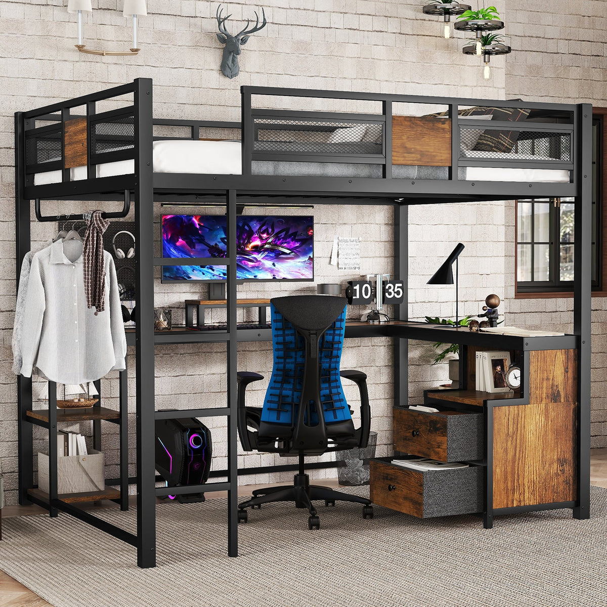 Queen Loft Bed with Desk and Storage in black metal frame with wood panels on Tampa Home & Garden Store