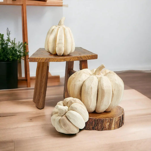 Farmhouse Pumpkin Trio cream pumpkins on rustic wood stand and stump Gia Roma decor on Tampa Home & Garden Store