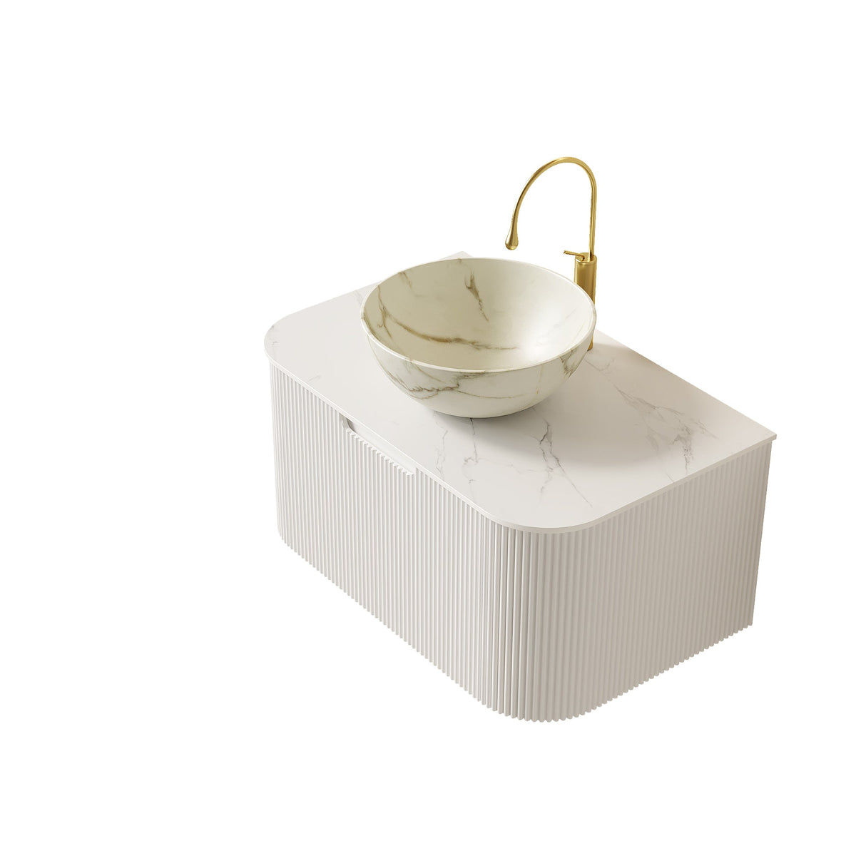 Modern 30 Inch bathroom vanity with ceramic marble-veined vessel sink and gold faucet on Tampa Home & Garden Store