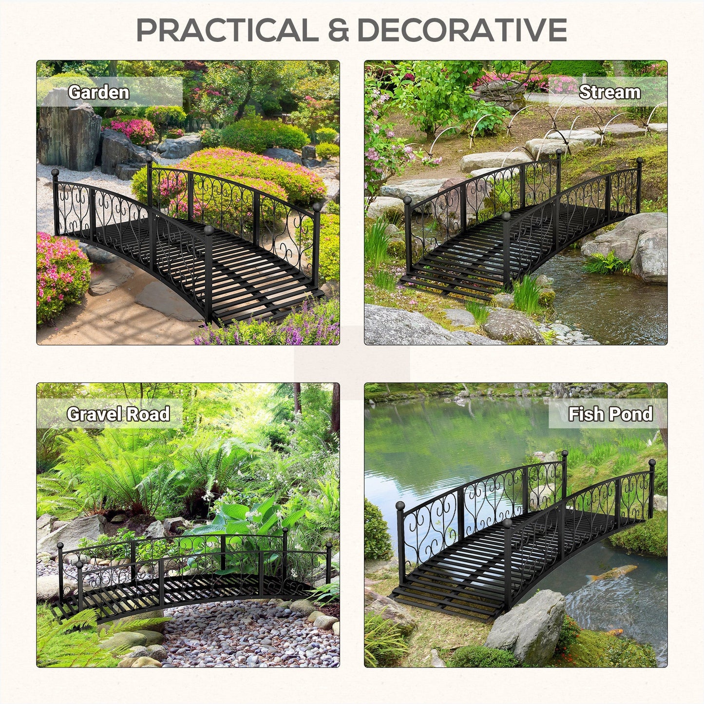 Outsunny 7' metal arch garden bridge with safety siderails, iron rails shown in scenes on Tampa Home & Garden Store