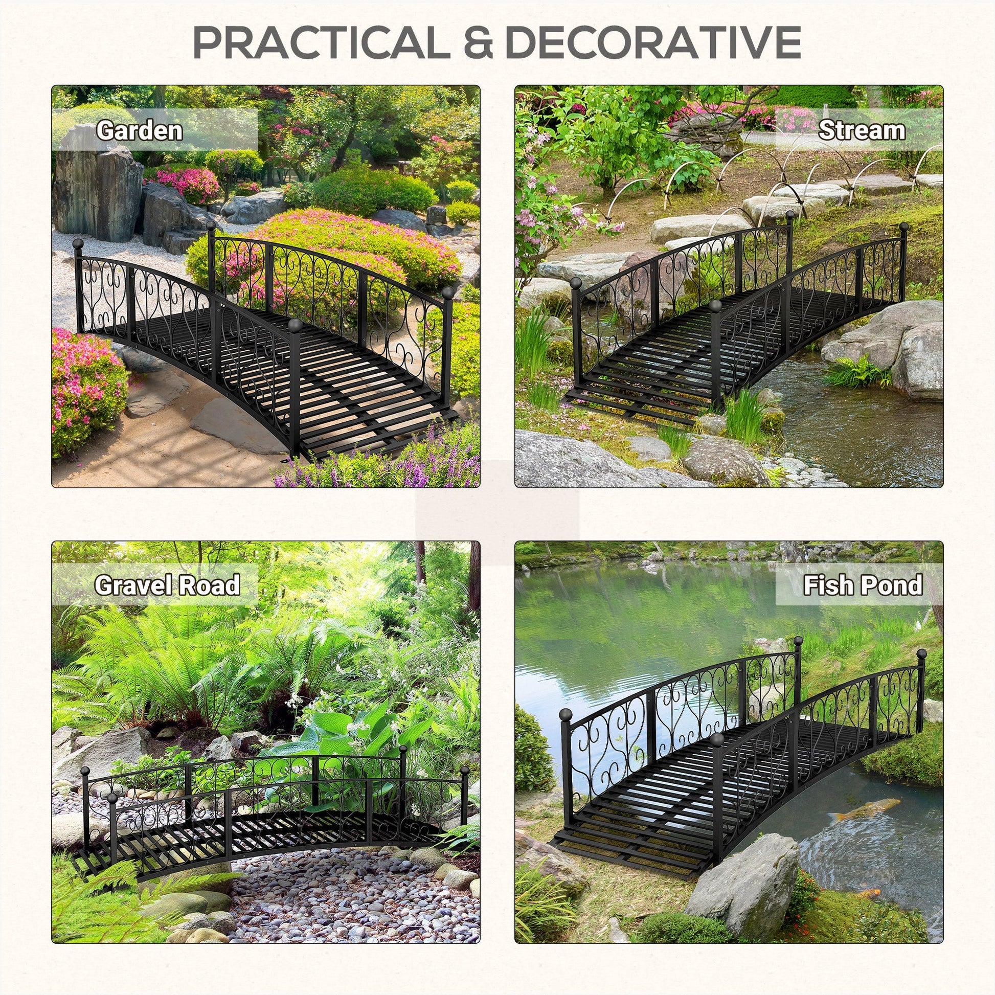 Outsunny 7' metal arch garden bridge with safety siderails, iron rails shown in scenes on Tampa Home & Garden Store