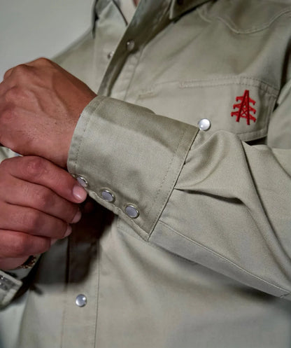 Khaki western pearl-snap shirt by Static FR with metal cuff snaps and red chest embroidery on Tampa Home & Garden Store