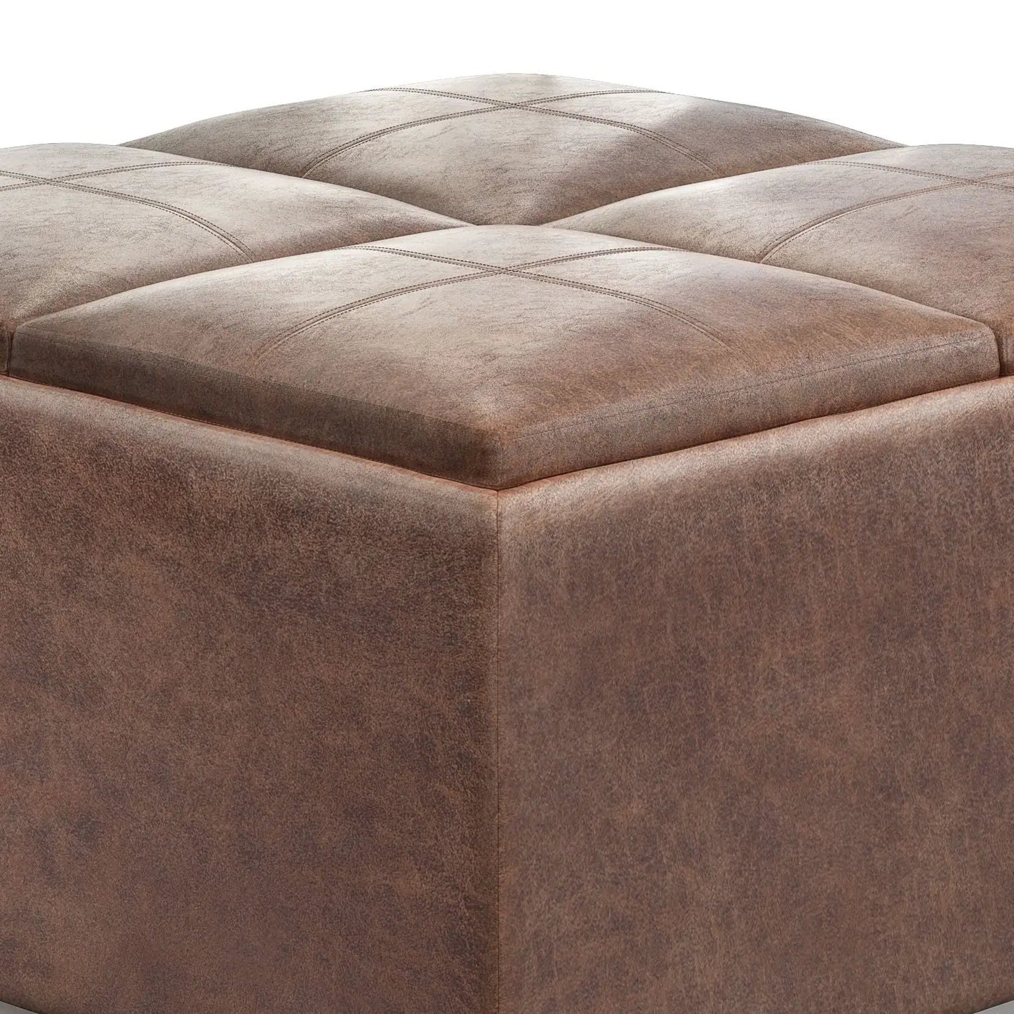 Avalon square storage ottoman coffee table in brown leather-look upholstery with tufted top on Tampa Home & Garden Store