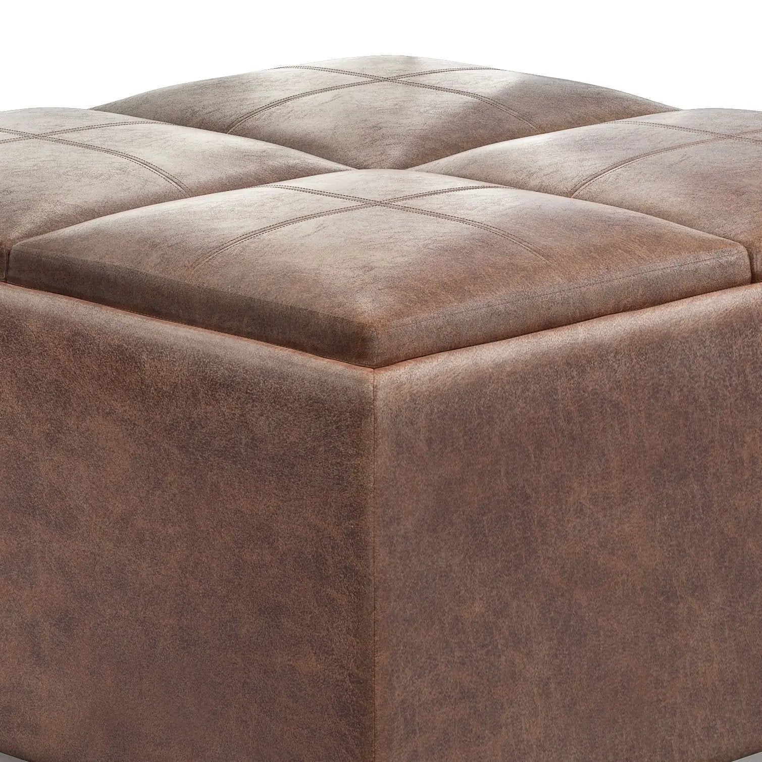 Avalon square storage ottoman coffee table in brown leather-look upholstery with tufted top on Tampa Home & Garden Store