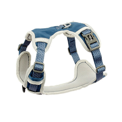 Dog chest harness Pet Zen blue geometric fabric with beige trim, adjustable straps on Tampa Home & Garden Store