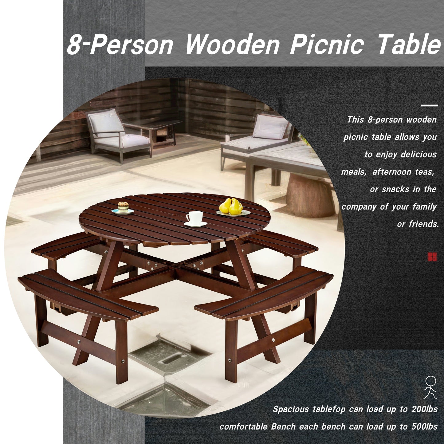 HouseOfZazla outdoor 8-person round picnic table with built-in benches on Tampa Home & Garden Store
