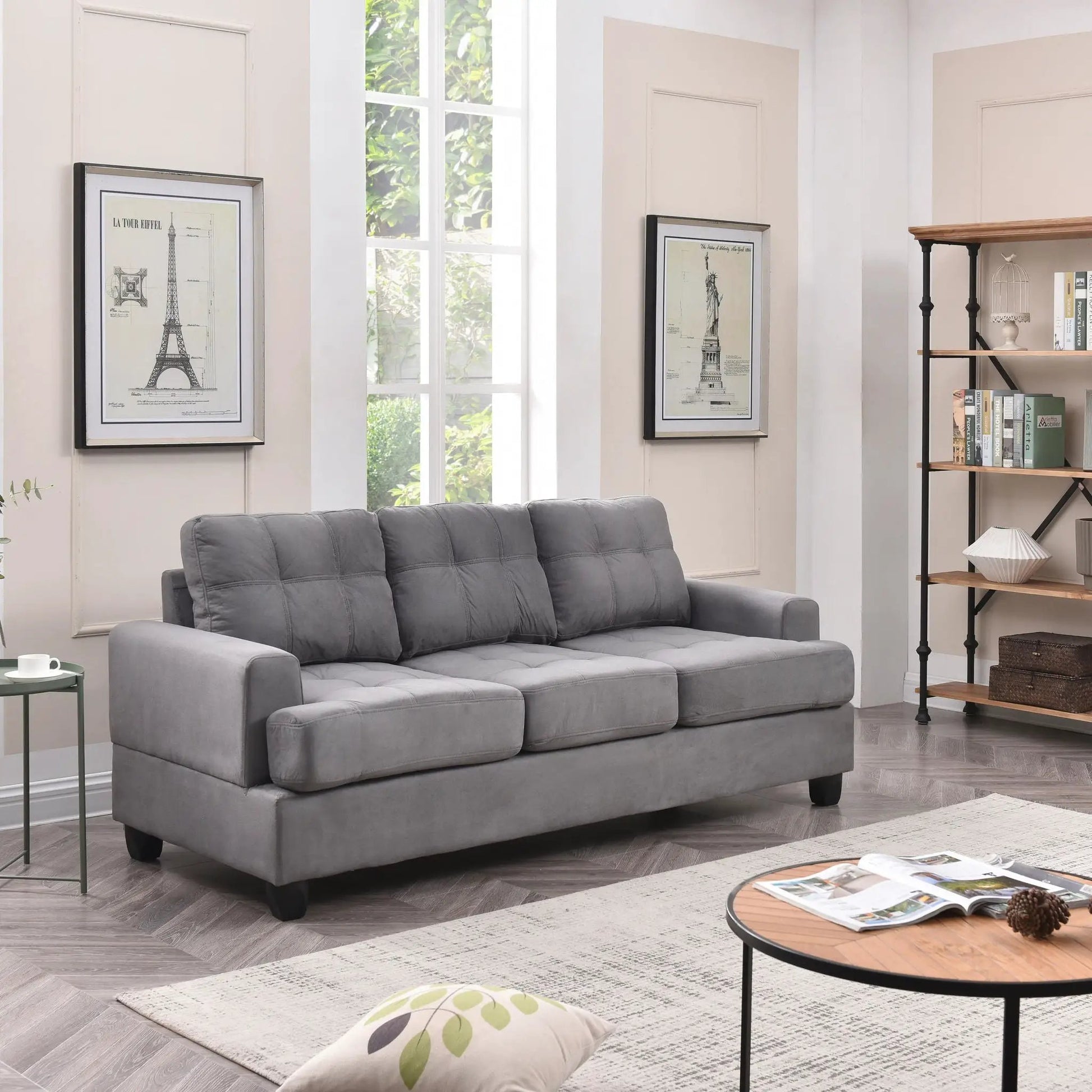 Sandridge sofa by Unique Piece Furniture, gray fabric stationary 3-seat with tufted cushions on Tampa Home & Garden Store