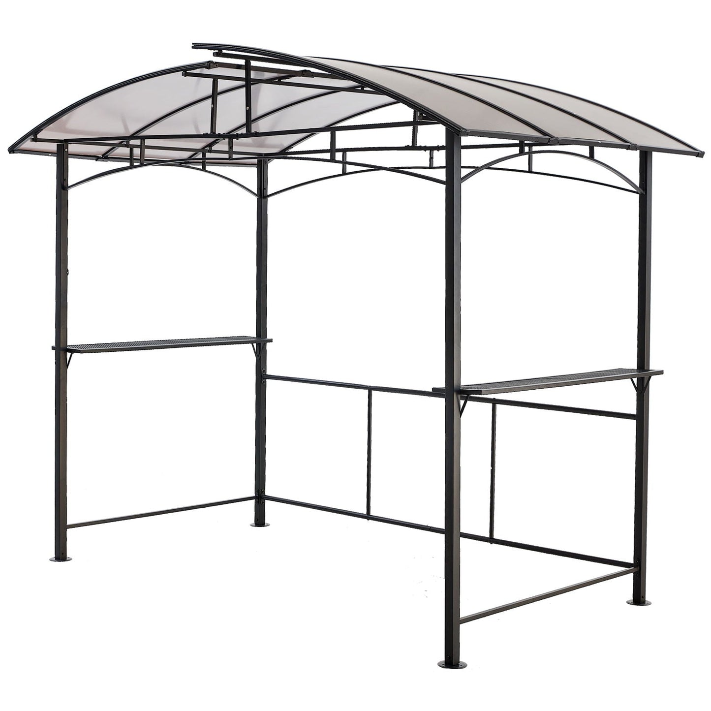 Grill gazebo 8x5 ft black metal frame with beige curved roof panels and side shelves on Tampa Home & Garden Store