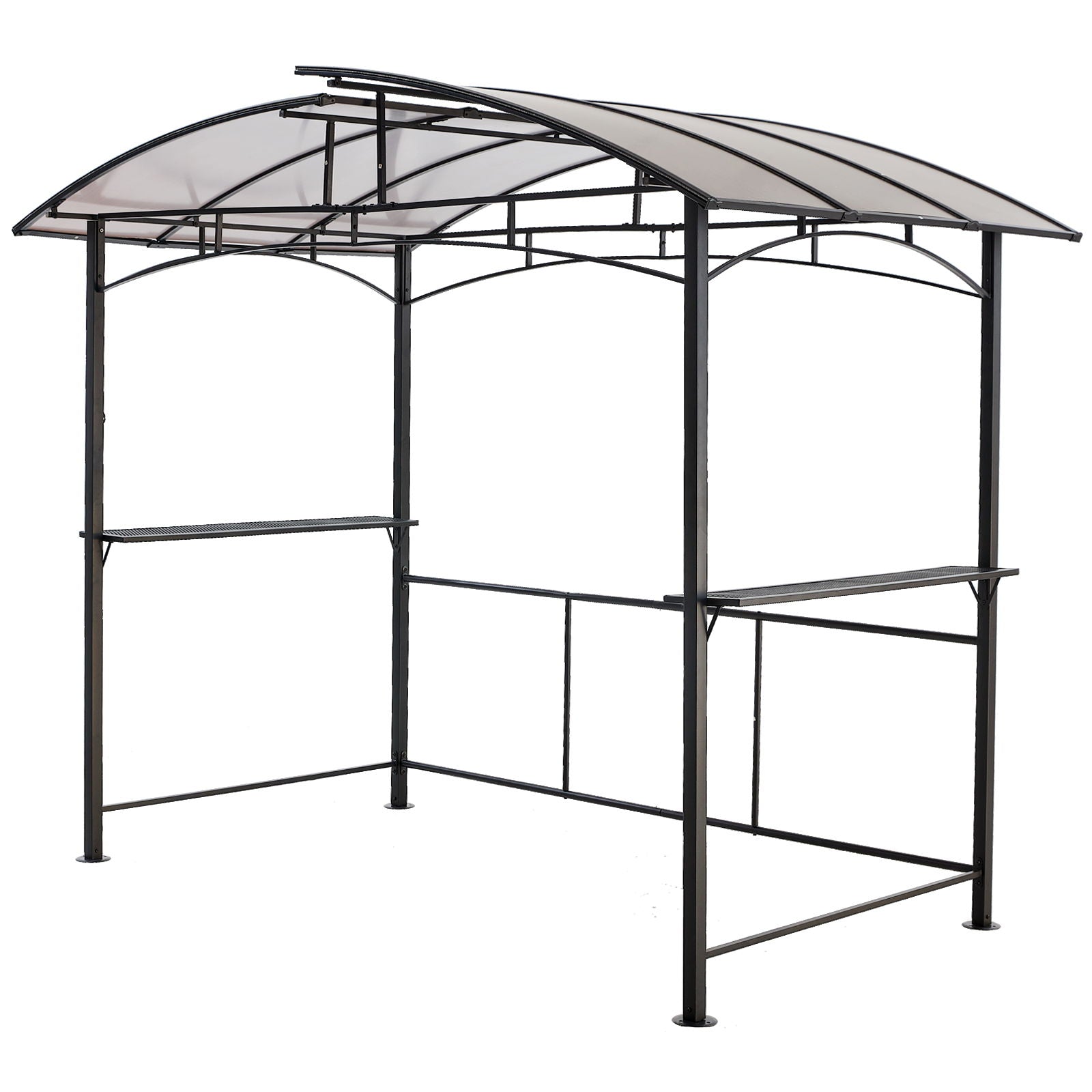 Grill gazebo 8x5 ft black metal frame with beige curved roof panels and side shelves on Tampa Home & Garden Store