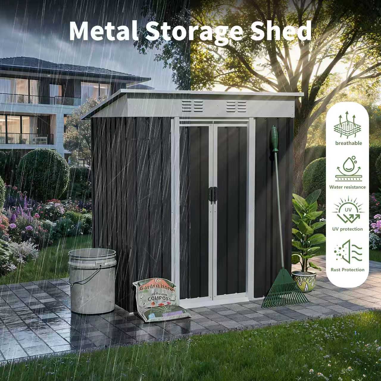 5x3 ft metal garden shed with sliding door, black siding and white trim in a rainy backyard on Tampa Home & Garden Store