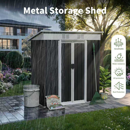 5x3 ft metal garden shed with sliding door, black siding and white trim in a rainy backyard on Tampa Home & Garden Store