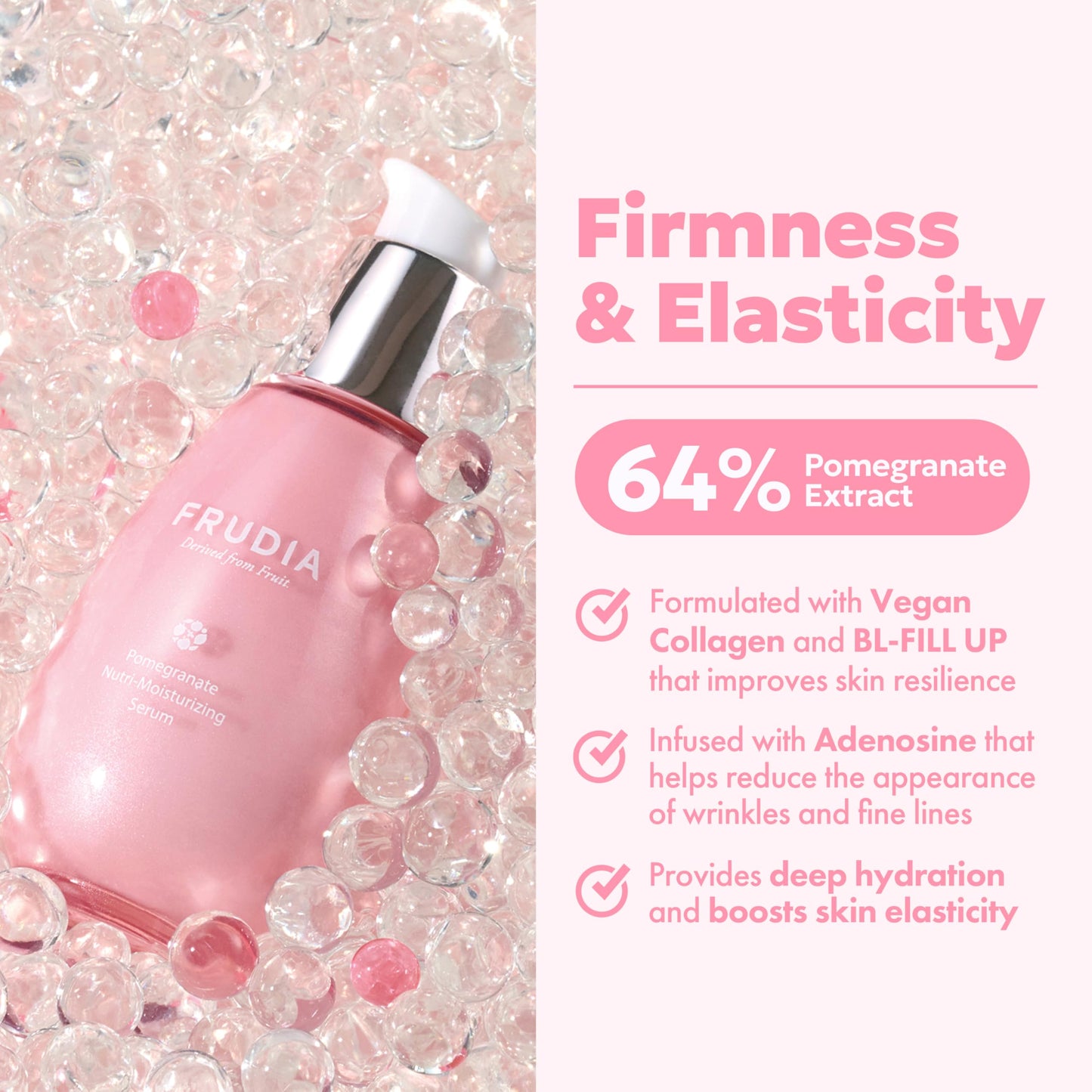 Frudia Pomegranate Nutri-Moisturizing Serum 50g pink bottle amid clear gel beads on Tampa Home & Garden Store