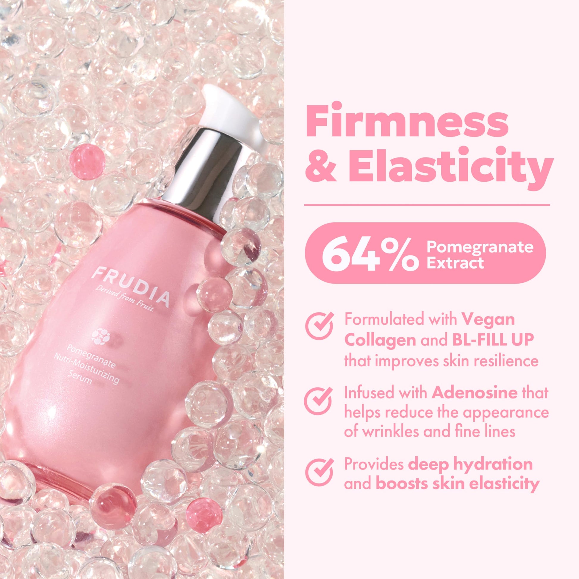 Frudia Pomegranate Nutri-Moisturizing Serum 50g pink bottle amid clear gel beads on Tampa Home & Garden Store