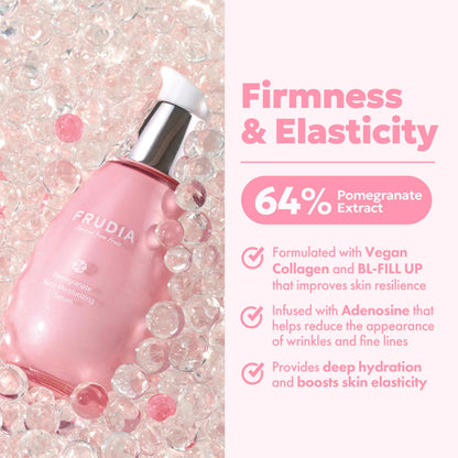 Frudia Pomegranate Nutri-Moisturizing Serum 50g pink bottle amid clear gel beads on Tampa Home & Garden Store