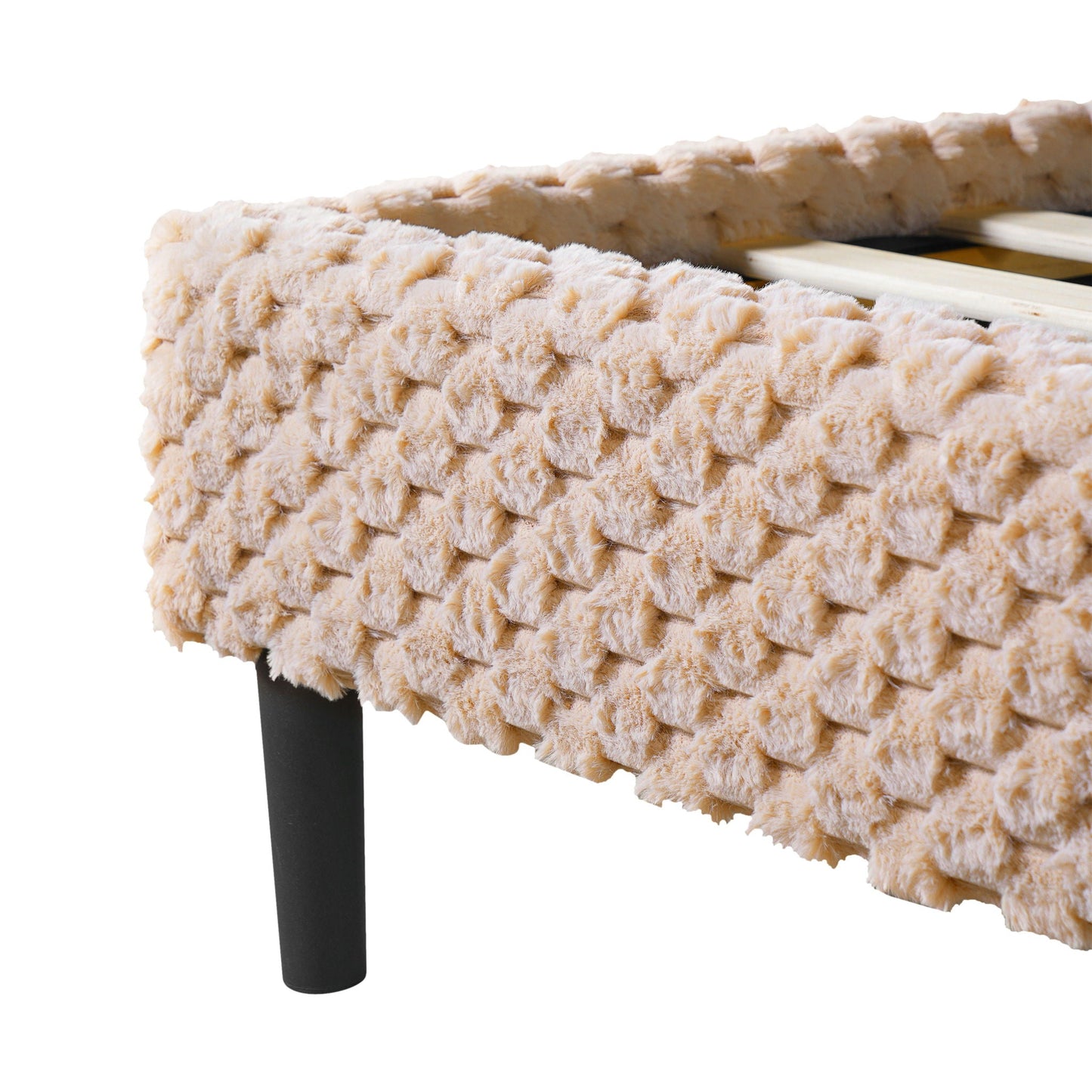 Soft beige faux fur backrest for bedroom bench by HouseOfZazla with black leg and slats on Tampa Home & Garden Store