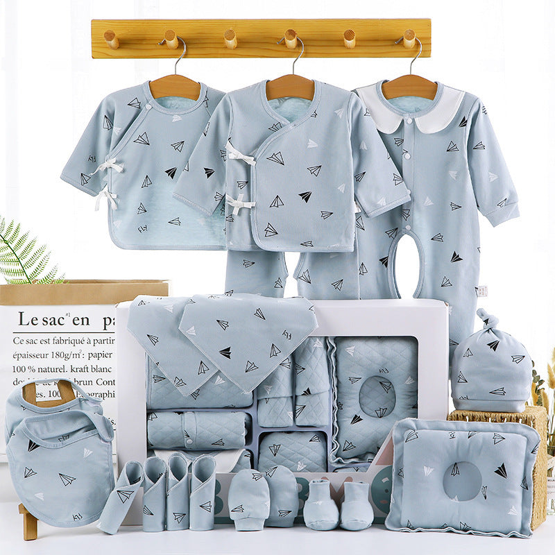Baby cotton clothes gift box in pale blue with paper airplane prints; includes bibs and hats on Tampa Home & Garden Store