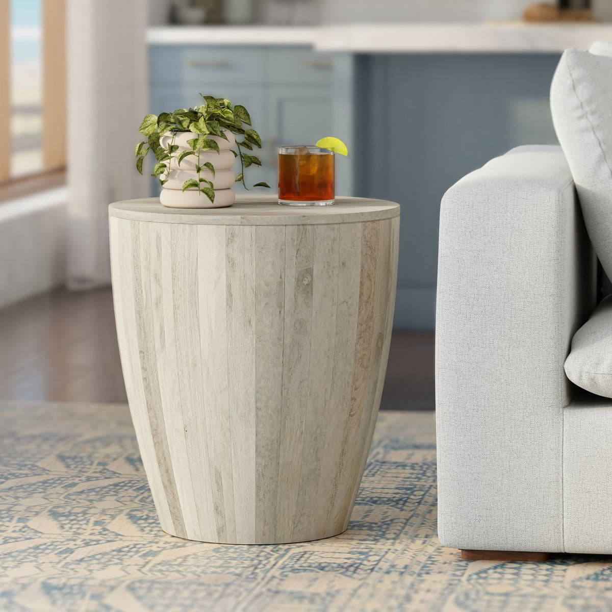 Solid mango wood drum side table in light brown by HouseOfZazla on Tampa Home & Garden Store