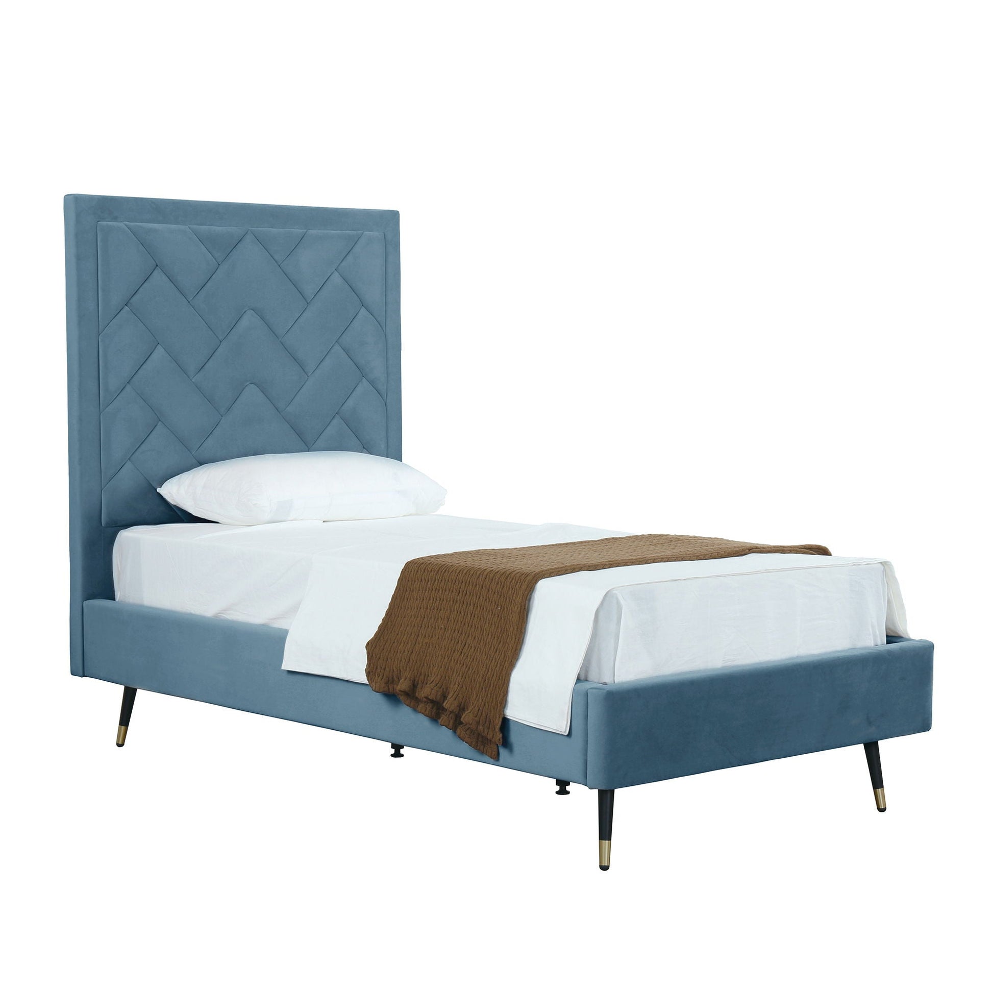 Crosby upholstered bed with blue tufted headboard and slats, white bedding, brown throw on Tampa Home & Garden Store