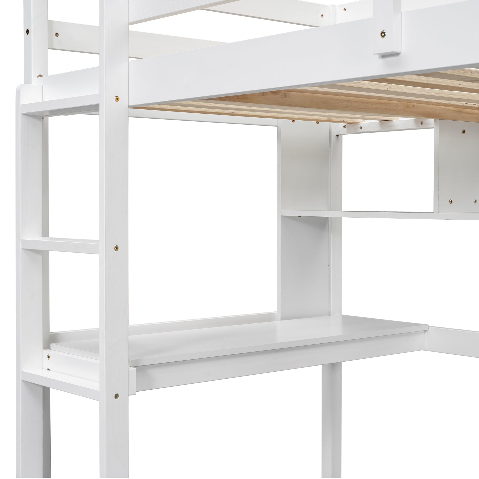 Twin Loft Bed with built-in desk and bookcase of three compartments, Guardrails and Ladder,White - Tampa Home & Garden Store
