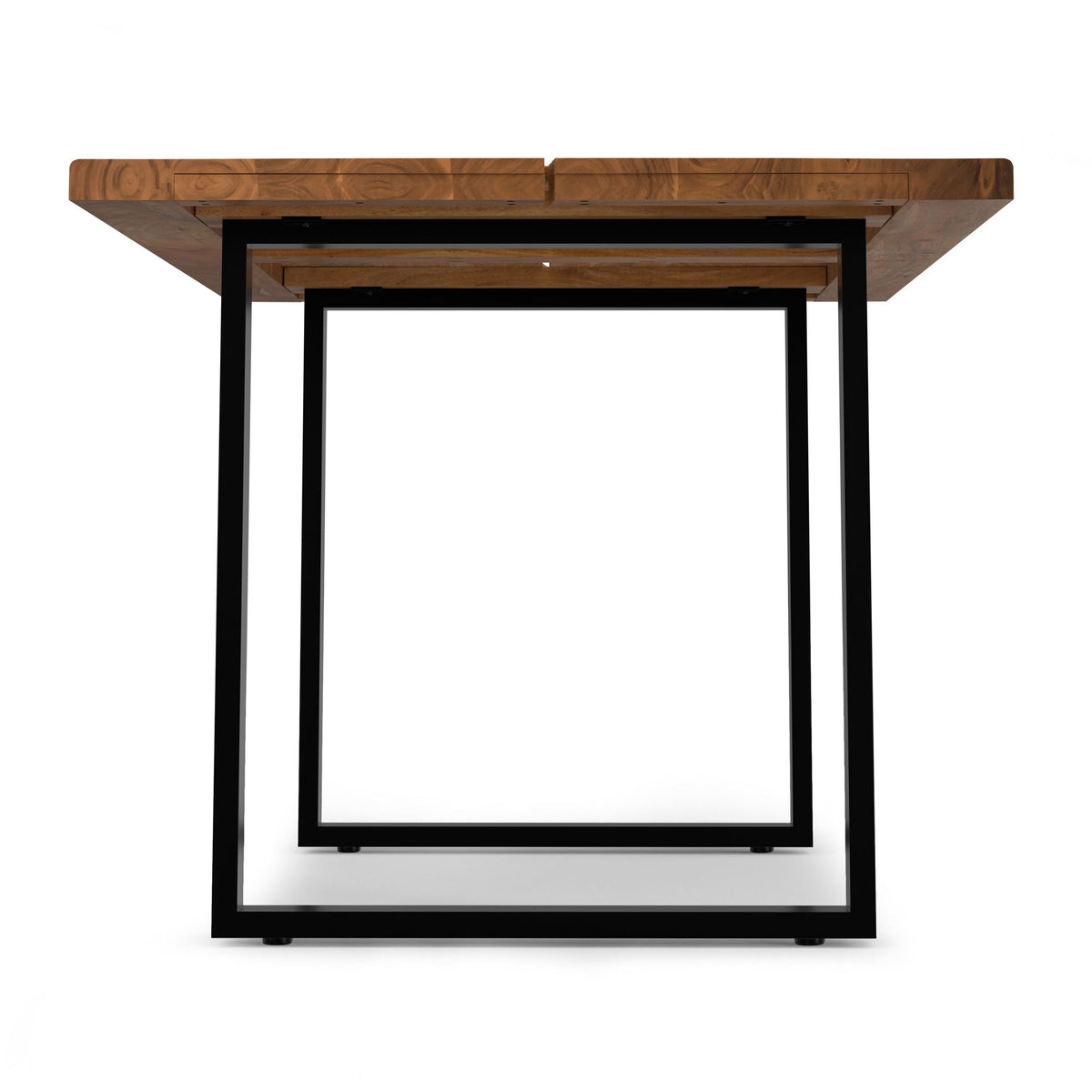 Solid acacia wood dining table with black iron legs, natural grain top, industrial style on Tampa Home & Garden Store