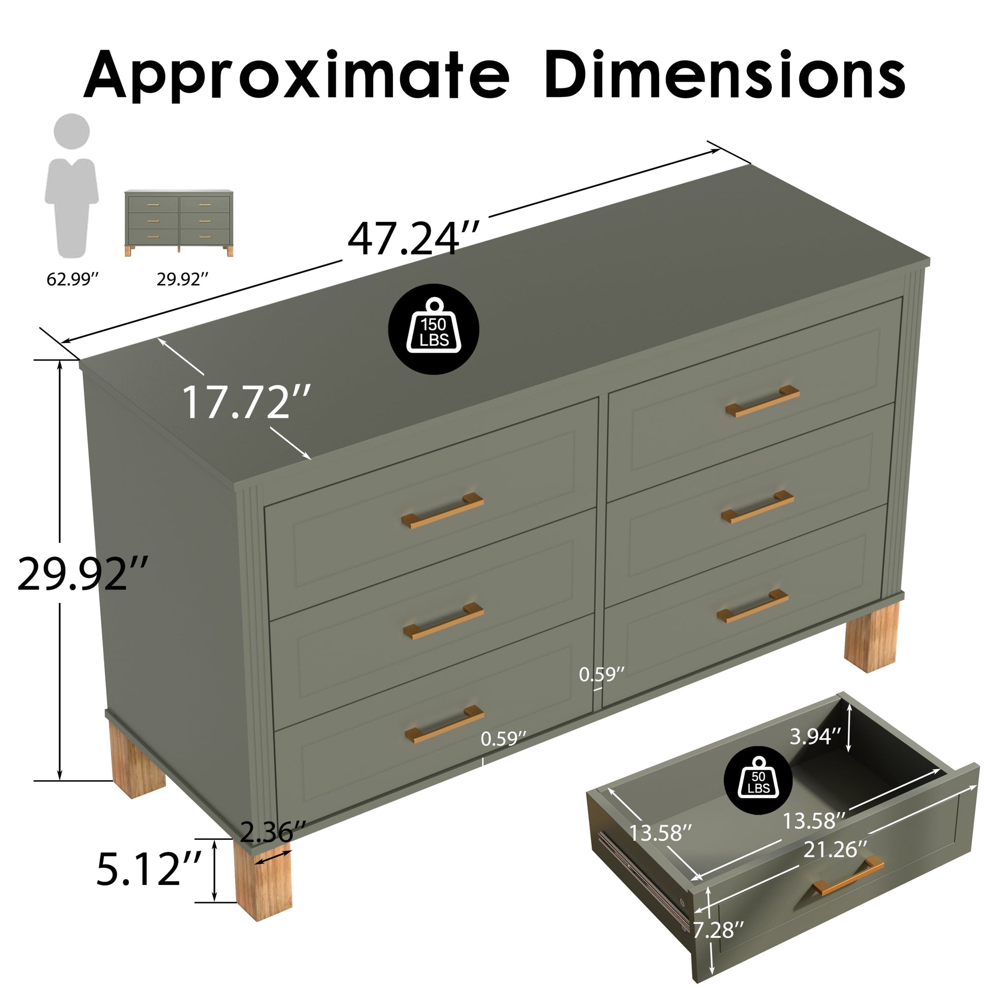 6-Drawer Double Dresser Olive by HouseOfZazla; olive finish, brass pulls, wooden legs on Tampa Home & Garden Store
